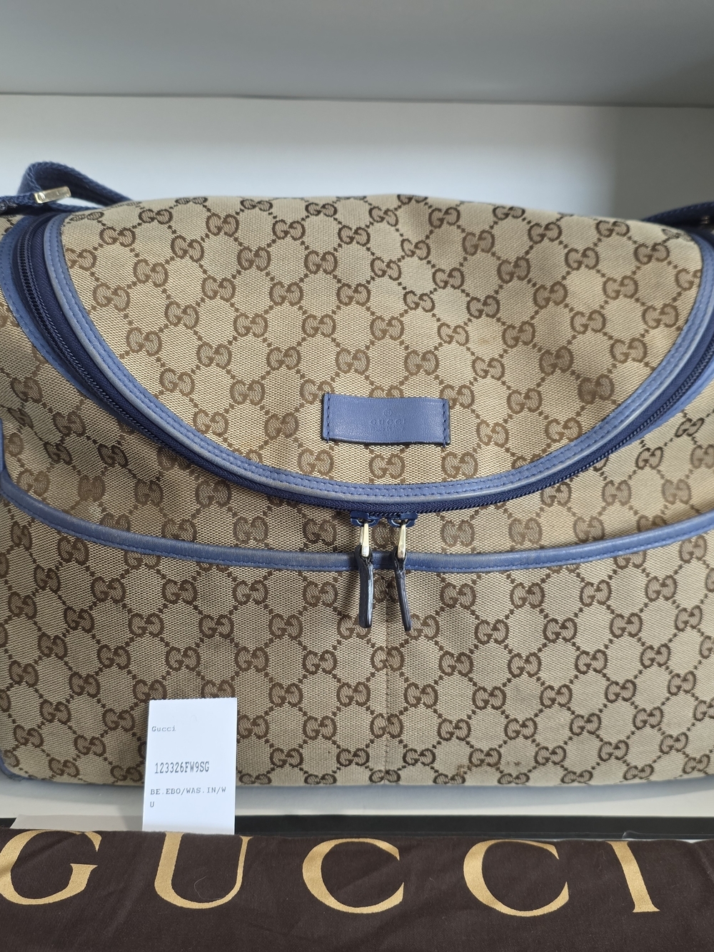 Gucci Beige GG Supreme Canvas Shoulder/Baby/Diaper Bag with Blue Trim